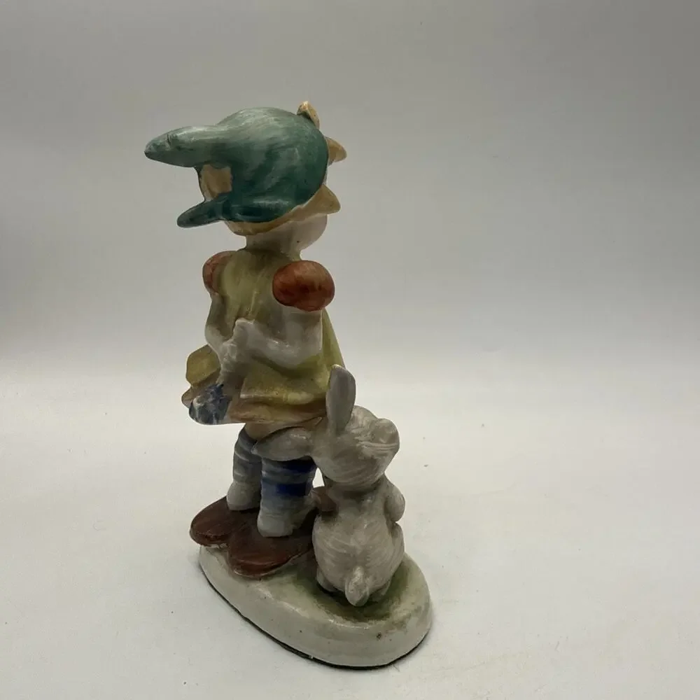 Hummel Style Figure Girl With Rabbit Bunny Ceramic Vintage Flower Figurine *